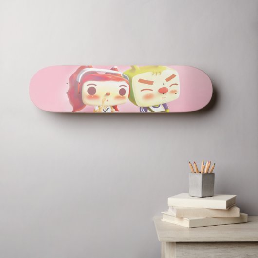 Whimsical Karakters met Kat Skateboard (Muurkunst (Horizontaal))