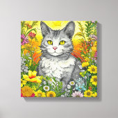 Whimsical Kat en Bloemen Canvas Afdruk (Voorkant)