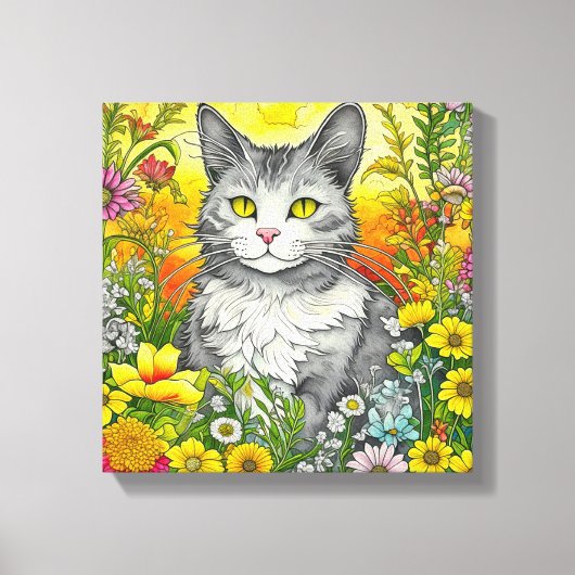 Whimsical Kat en Bloemen Canvas Afdruk (Voorkant)