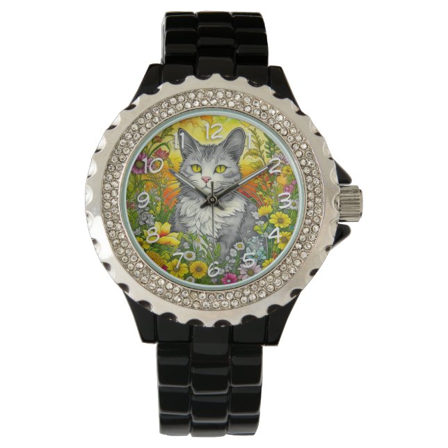 Whimsical Kat en Bloemen Horloge (Voorkant)
