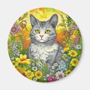 Whimsical Kat en Bloemen Magneet