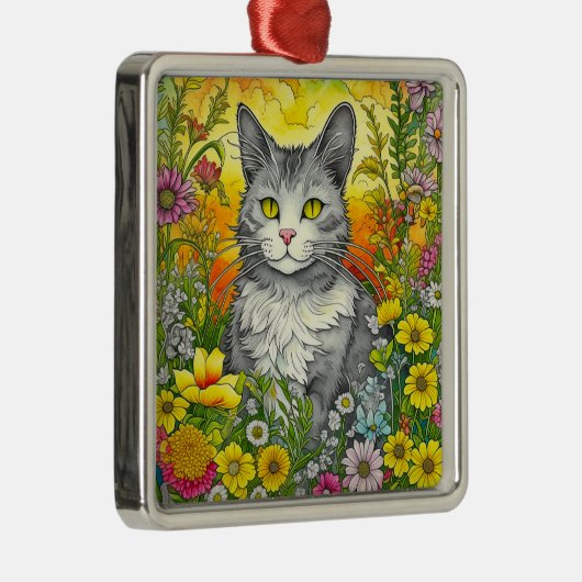 Whimsical Kat en Bloemen Metalen Ornament (Rechts)