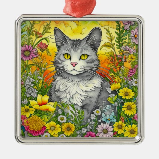 Whimsical Kat en Bloemen Metalen Ornament (Voorkant)