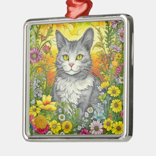 Whimsical Kat en Bloemen Metalen Ornament (Links)