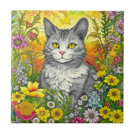 Whimsical Kat en Bloemen Tegeltje (Voorkant)