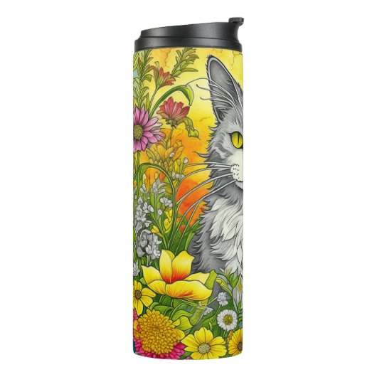 Whimsical Kat en Bloemen Thermosbeker (Gedraaid links)