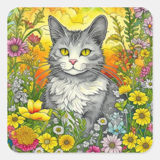 Whimsical Kat en Bloemen Vierkante Sticker (Voorkant)