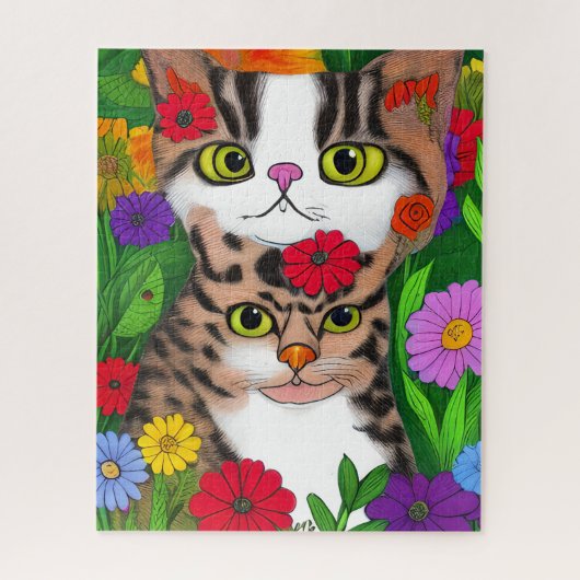 Whimsical Kat en Kitten Folk Art Kleurrijk Legpuzzel (Verticaal)