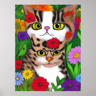 Whimsical Kat en Kitten Volkskunst Kleurrijk Poster