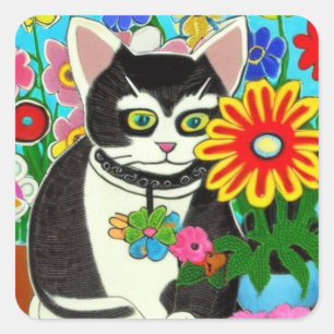 Whimsical Kat met Bloem Folk Art Vierkante Sticker