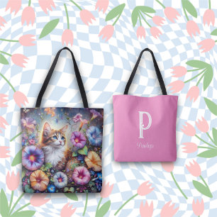 Whimsical Kat Mooie Bloemen Monogram Naam Draagtas