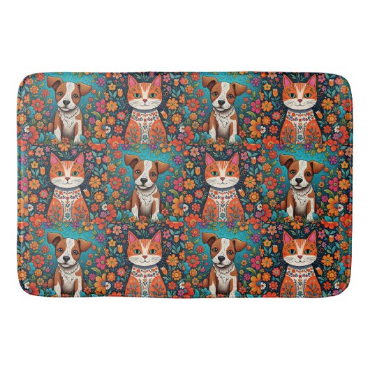 Whimsical Katten en Hond met Folk Art Bloemen Badmat (Voorkant)
