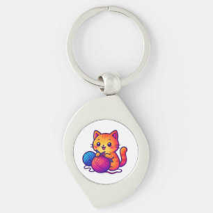 Whimsical Kawaii Cat Breien Scene met Oversized Sleutelhanger