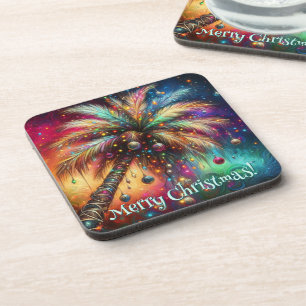 Whimsical Kerst Palmboom Tropisch Strand Levendig Bier Onderzetter