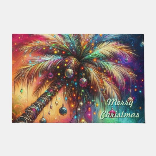 Whimsical Kerst Palmboom Tropisch Strand Levendig Deurmat (Voorkant)