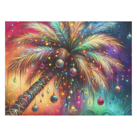 Whimsical Kerst Palmboom Tropisch Strand Levendig Tafelkleed (Voorkant (Horizontaal))