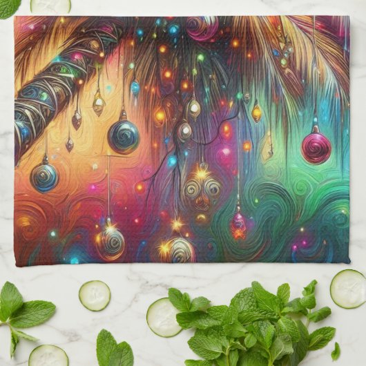 Whimsical Kerst Palmboom Tropisch Strand Levendig Theedoek (Gevouwen)