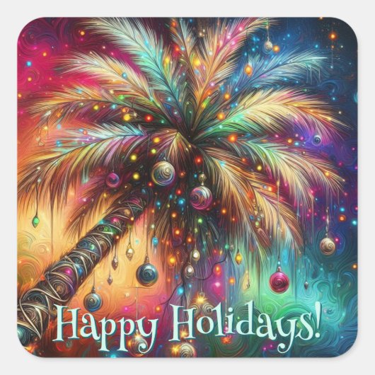 Whimsical Kerst Palmboom Tropisch Strand Levendig Vierkante Sticker (Voorkant)