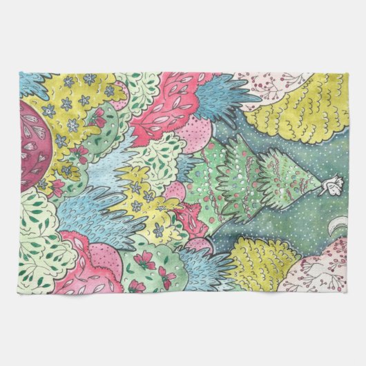 Whimsical-kerstboom en duve-schildering theedoek (Horizontaal)