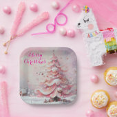 Whimsical Kerstboom Roze Witte wervelingen Sneeuw Papieren Bordje (Feest)