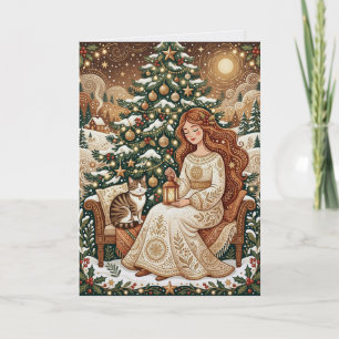 Whimsical Kerstkat & Winter Juffrouw Kaart