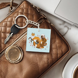 Whimsical Kitsune Vos Blauwe Kersenbloesem Fantasi Sleutelhanger