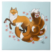Whimsical Kitsune Vos Blauwe Kersenbloesem Fantasi Tegeltje (Voorkant)