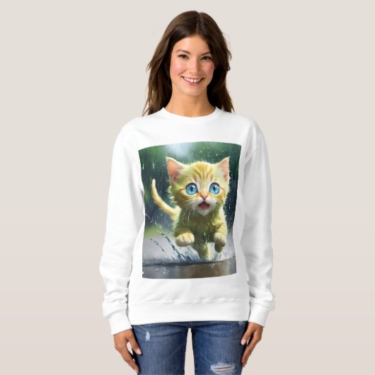 Whimsical Kitten Rain Run Vrouwen Basic Sweatshirt (Voorkant volledig)
