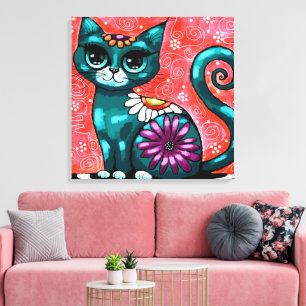 Whimsical Kitty Cat Zittend op vloerkleed Bloemen Canvas Afdruk