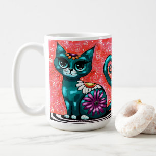 Whimsical Kitty Cat Zittend op vloerkleed Bloemen Koffiemok