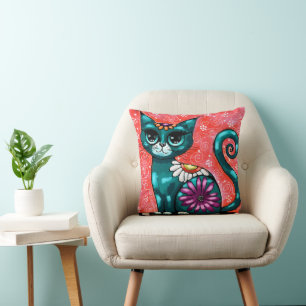 Whimsical Kitty Cat Zittend op vloerkleed Bloemen Kussen