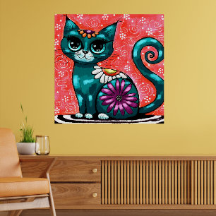 Whimsical Kitty Cat Zittend op vloerkleed Bloemen Poster
