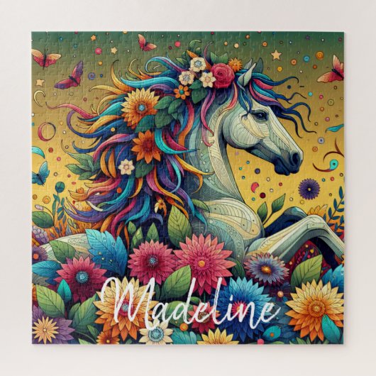  Whimsical Kleurrijke Bloemen en Wit Paard Legpuzzel (Verticaal)
