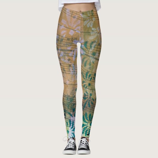 Whimsical Kleurrijke Gelaagde Geschilderde Bladmuz Leggings (Voorkant)
