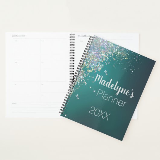 Whimsical Kleurrijke Glitter op Blauwgroen Planner (Display)