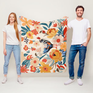 Whimsical kleurrijke kip bloemige achtergrond fleece deken