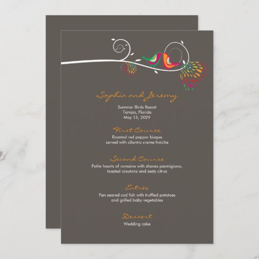 Whimsical Kleurrijke Kussen Zomer Vogels Bruiloft Menu (Voorkant / Achterkant)