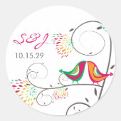 Whimsical Kleurrijke Kussen Zomer Vogels Bruiloft Ronde Sticker (Voorkant)