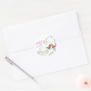 Whimsical Kleurrijke Kussen Zomer Vogels Bruiloft Ronde Sticker