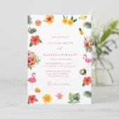 Whimsical Kleurrijke Leuke Tropische Flamingle Wed Kaart (Staand voorkant)