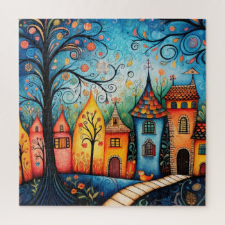 Whimsical Kleurrijke Waterverf Village Legpuzzel