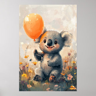 Whimsical Koala met Oranje ballon in Meadow Digi Poster