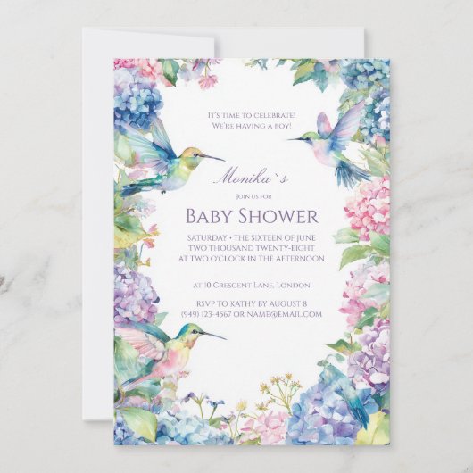 Whimsical Kolibries met Hydrangeas Baby shower Kaart (Voorkant)