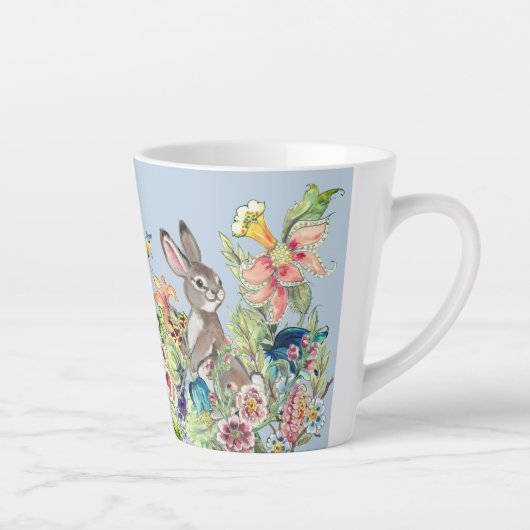Whimsical Konijn Blauw Chinoiserie Bloemkonijn La Latte Mok (Rechts)