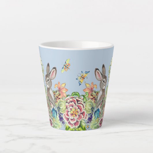 Whimsical Konijn Blauw Chinoiserie Bloemkonijn La Latte Mok (Voorkant)