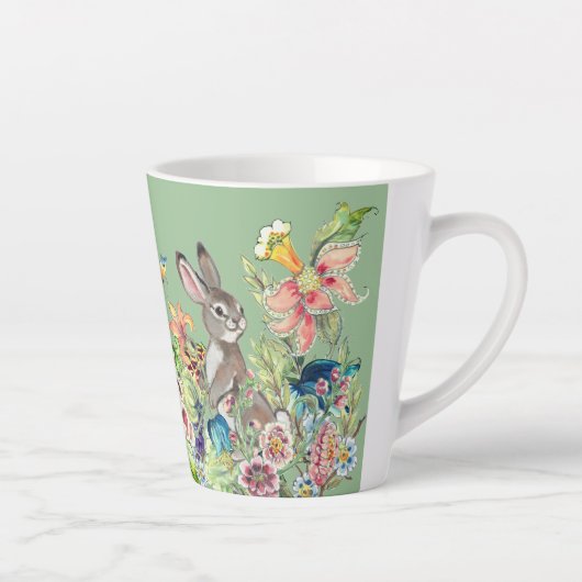 Whimsical Konijn Mint Groene Chinoiserie Bloemen Latte Mok (Rechts)