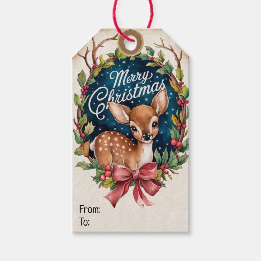 Whimsical Krans Deer Kerstmis Cadeaulabel (Voorkant)