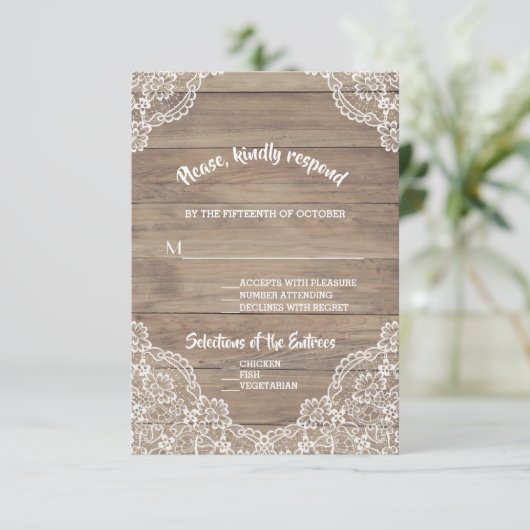 Whimsical Lace Old Barn Wedding RSVP Kaartje (Staand voorkant)