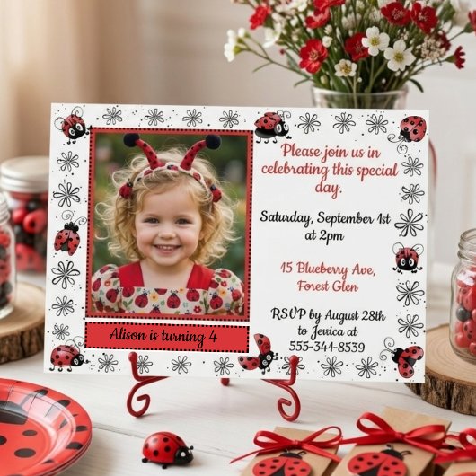 Whimsical Ladybug Photo Birthday Invitation