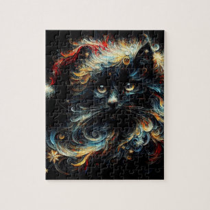 Whimsical Lang Haar Zwart Kat Kerstmis Pet Legpuzzel